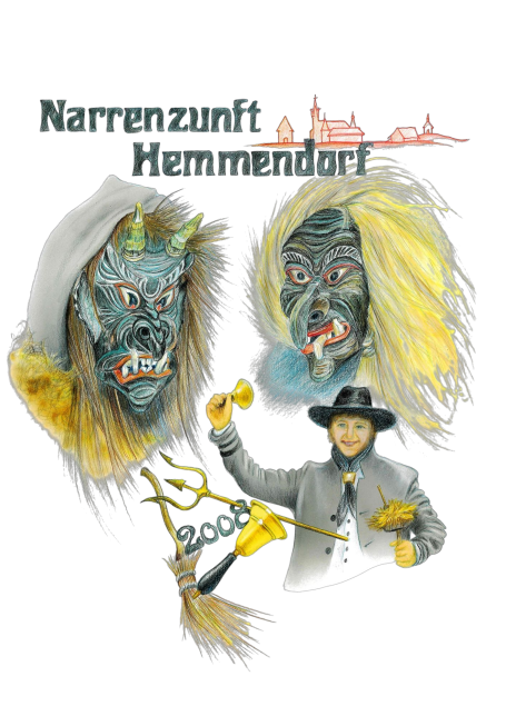 Drei Faschingsmasken und ein Narr mit Besen in traditioneller Kleidung.